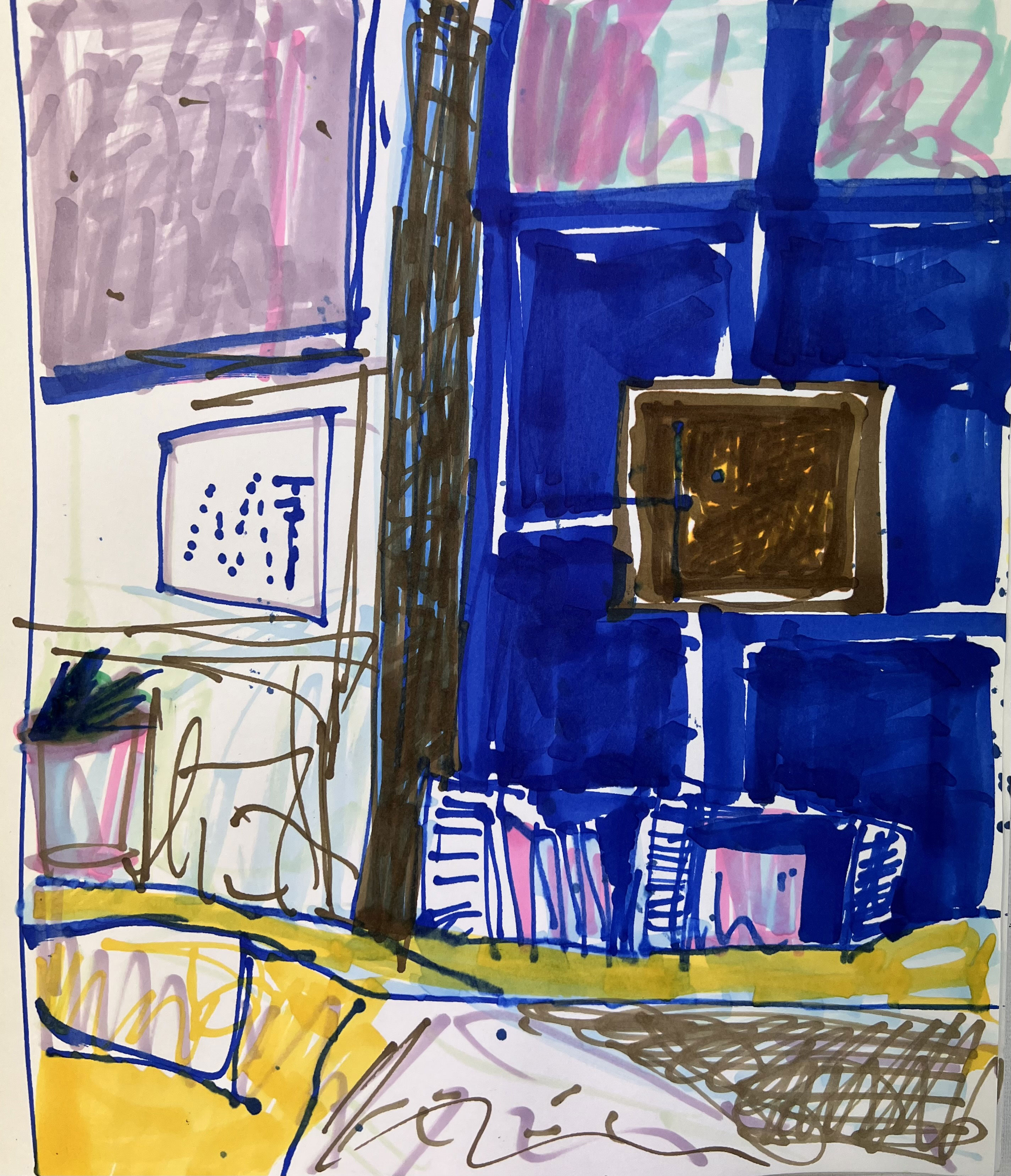 "English books, Mallorca" · ca. 30 x 30 cm · Graphit/ Marker · 2023